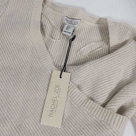 NWT Rachel Zoe Ivory Glitter Ribbed Knit Cropped Sweater V-Neck Long Sleeve S - Picture 4 of 6